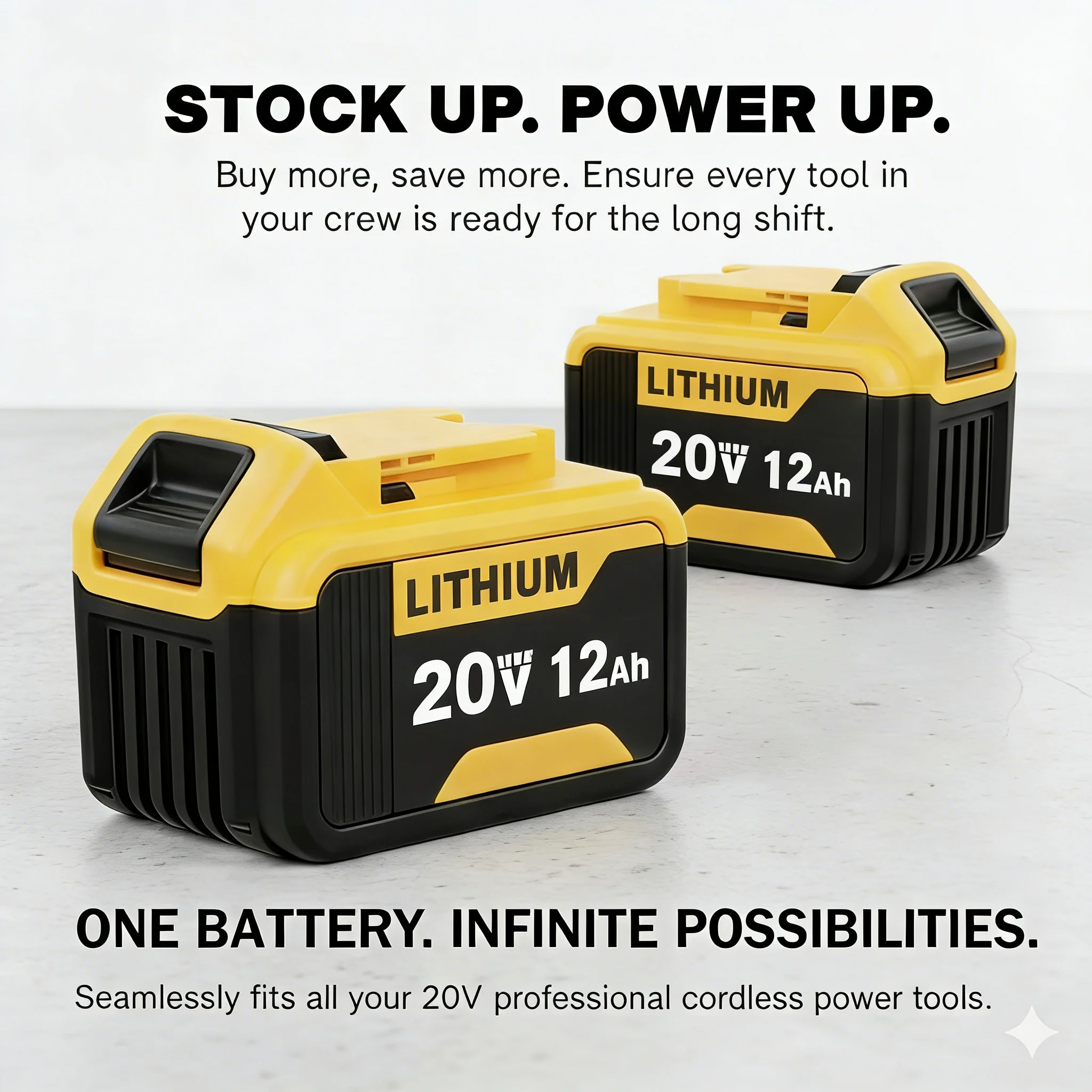 Комплект из 2 аккумуляторов 20V MAX 12Ah, совместимых с Dewalt DCB200/204/206
Комплект из 2 аккумуляторов 20V MAX 12Ah, совместимых с Dewalt DCB200/204/206