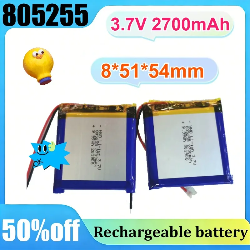805255 Polymer Lithium Battery 3.7V 2700mAh For Mobile Phone Built-in Monitor Equipment LED Light
805255 Polymer Lithium Battery 3.7V 2700mAh For Mobile Phone Built-in Monitor Equipment LED Light