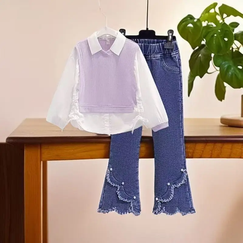 Girls' Spring and Autumn Set 2025 New Children's Fake Two piece Shirt+Cowboy Bellbottom Two piece Set 
Girls' Spring and Autumn Set 2025 New Children's Fake Two piece Shirt+Cowboy Bellbottom Two piece Set