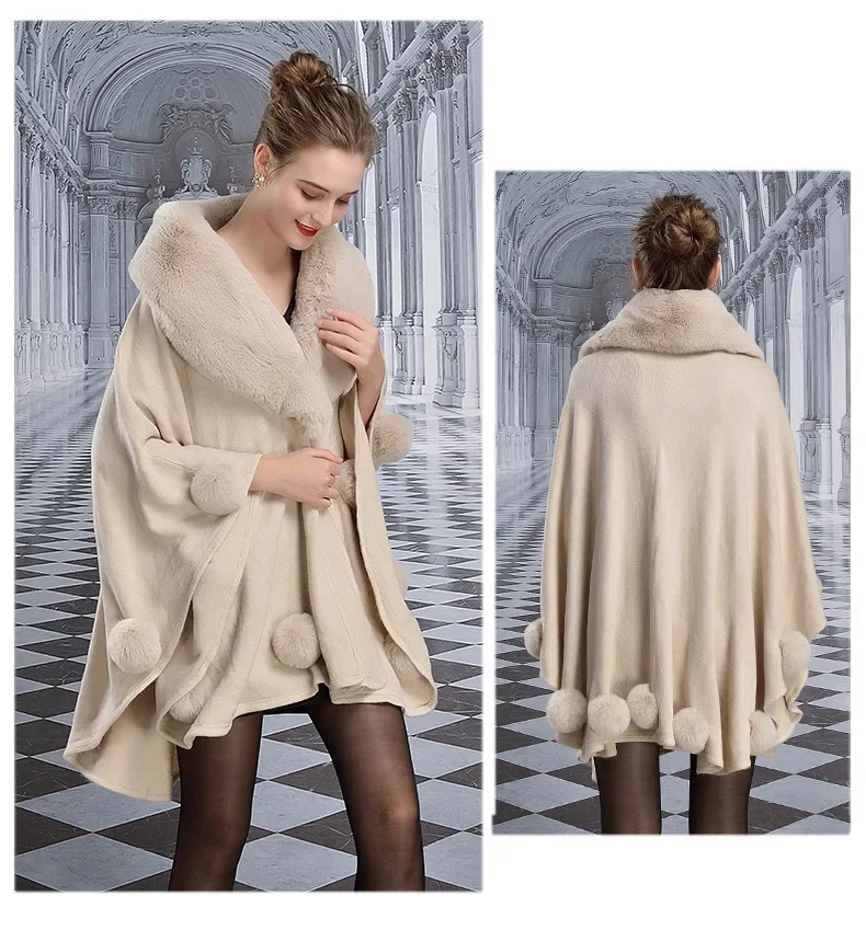 3 Color Women Faux Rabbit Fur Collar Winter Outdoor Thick Poncho Cape Black Pompon Fur Ball Cashmere Loose Shawl Overcoat
3 Color Women Faux Rabbit Fur Collar Winter Outdoor Thick Poncho Cape Black Pompon Fur Ball Cashmere Loose Shawl Overcoat
