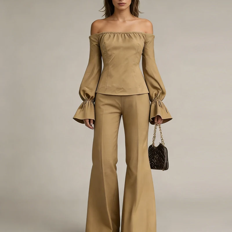 Sexy Off Shoulder Top & Pants Outfits 2026 Women Elegant Bubble Sleeves Solid 2 Piece Suit Fashion Commute Loose Long Pant Sets
Sexy Off Shoulder Top & Pants Outfits 2026 Women Elegant Bubble Sleeves Solid 2 Piece Suit Fashion Commute Loose Long Pant Sets