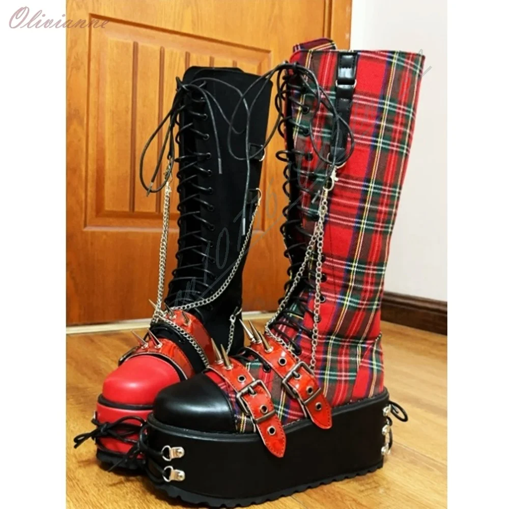 Goth Punk Red Plaid Platform Knee High Boots Women Spike Rivet Metal Chain Decor Multi Buckle Front Lace Up Ultra Thick Sole
Goth Punk Red Plaid Platform Knee High Boots Women Spike Rivet Metal Chain Decor Multi Buckle Front Lace Up Ultra Thick Sole