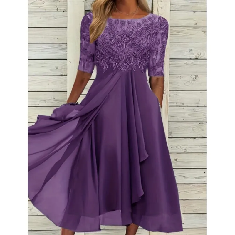 Fashion Romantic Evening Dress Women O-neck Short-sleeved Solid Color Chiffon Spliced Lace Hollow Bridesmaid Dresses Female
Fashion Romantic Evening Dress Women O-neck Short-sleeved Solid Color Chiffon Spliced Lace Hollow Bridesmaid Dresses Female