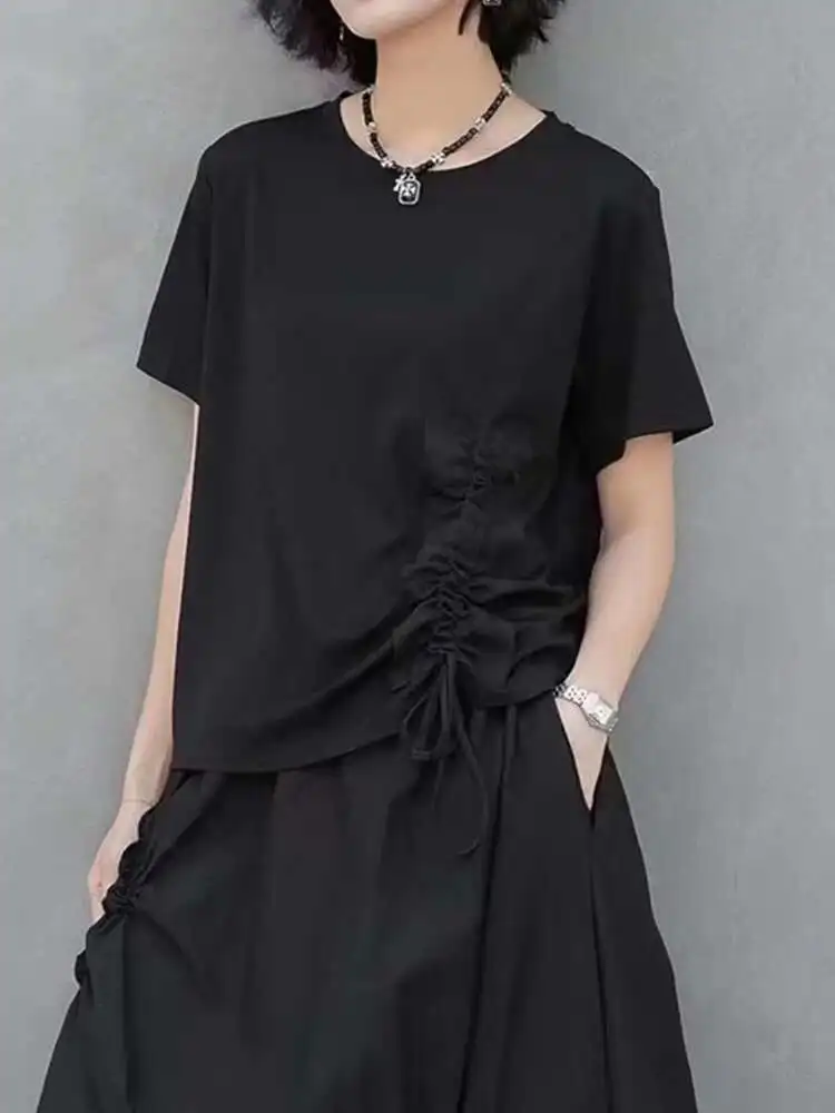 Women Black Drawstring Pleated Big Size Casual T-shirt New Round Neck Short Sleeve Fashion Tide Spring Summer
Women Black Drawstring Pleated Big Size Casual T-shirt New Round Neck Short Sleeve Fashion Tide Spring Summer