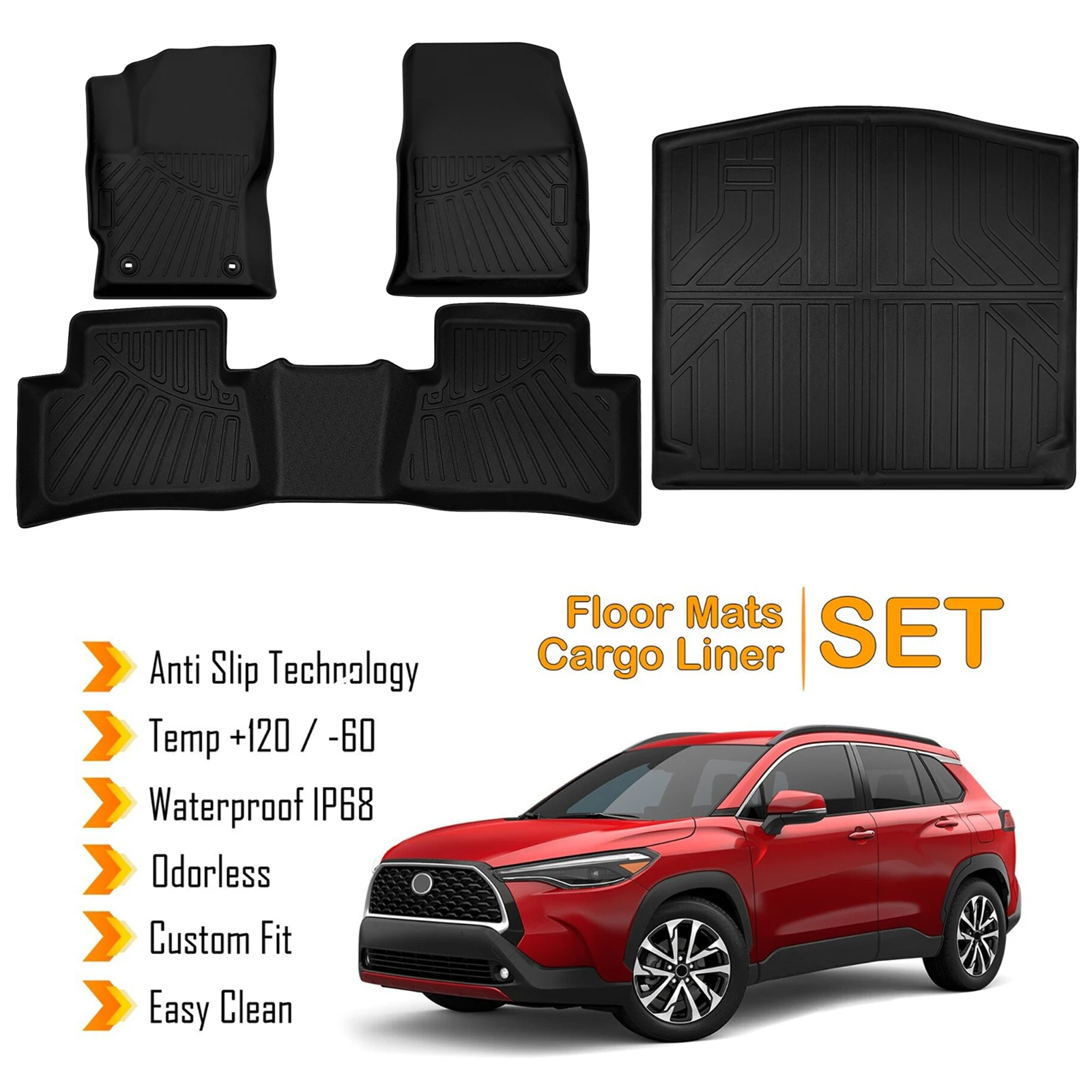 Floor Mats and Cargo Trunk Liner Set Compatible for Toyota Corolla Cross 2022-2024 Black Set
Floor Mats and Cargo Trunk Liner Set Compatible for Toyota Corolla Cross 2022-2024 Black Set