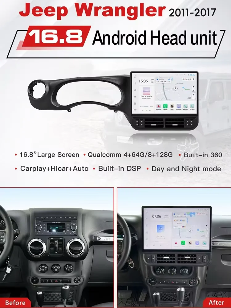 16.8 inch For Jeep Wrangler 2011-2017 Wireless Carplay Android Auto Stereo Navigation GPS Car Bluetooth Radio Multimedia Player
16.8 inch For Jeep Wrangler 2011-2017 Wireless Carplay Android Auto Stereo Navigation GPS Car Bluetooth Radio Multimedia Player