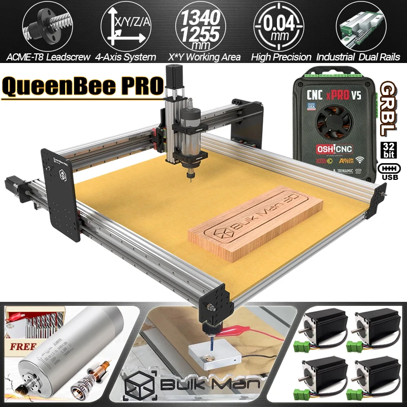 BulkMan3D QueenBee Pro 4-осевой станок с ЧПУ GRBL Control Шариковый винт HGR Линейный рельсовый фрезерный станок для резки дерева, металла, пластика и алюминия
BulkMan3D QueenBee Pro 4-осевой станок с ЧПУ GRBL Control Шариковый винт HGR Линейный рельсовый фрезерный станок для резки дерева, металла, пластика и алюминия