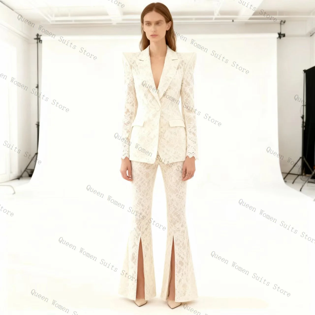 White Lace Women Suit Pants Set 2 Pcs Blazer+Flare Trousers Prom Cotton Formal Office Lady Jacket Wedding Coat Customized
White Lace Women Suit Pants Set 2 Pcs Blazer+Flare Trousers Prom Cotton Formal Office Lady Jacket Wedding Coat Customized