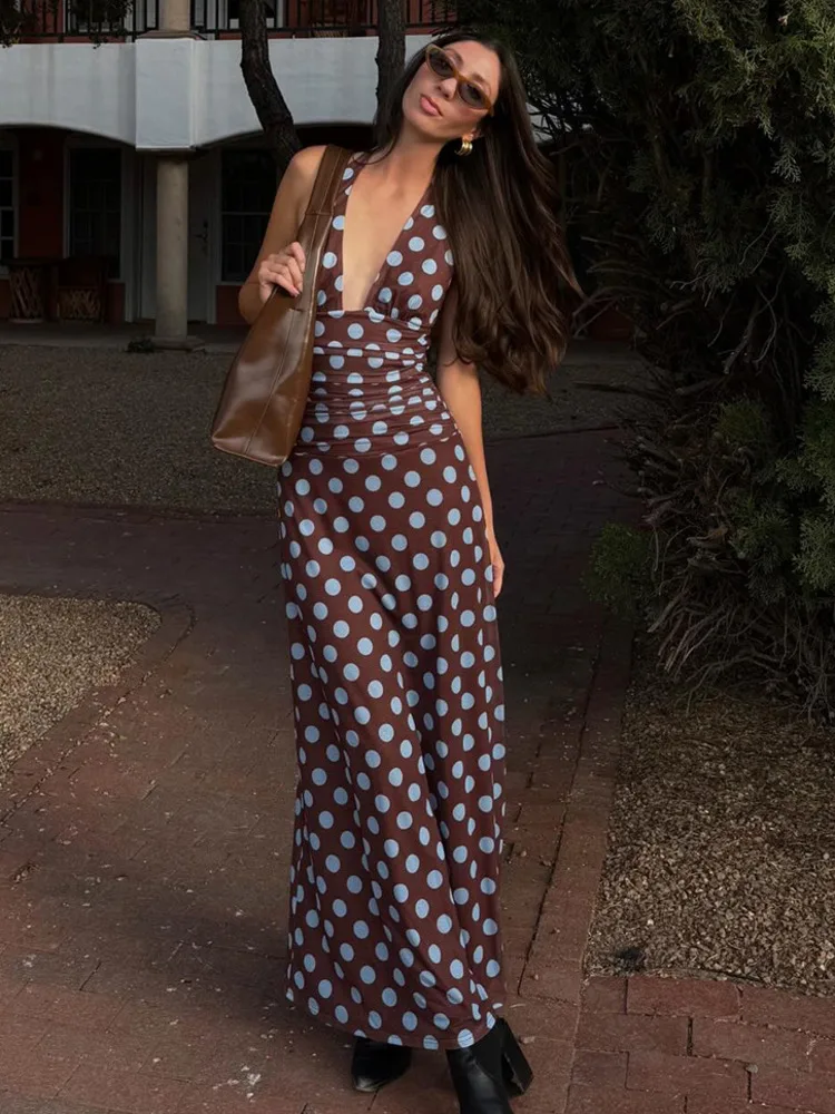 Articat Elegant Polka Dot Halter Neck V-neck Long Dress For Women Sexy Backless Tie-up Bodycon Party Club Evening Dress
Articat Elegant Polka Dot Halter Neck V-neck Long Dress For Women Sexy Backless Tie-up Bodycon Party Club Evening Dress