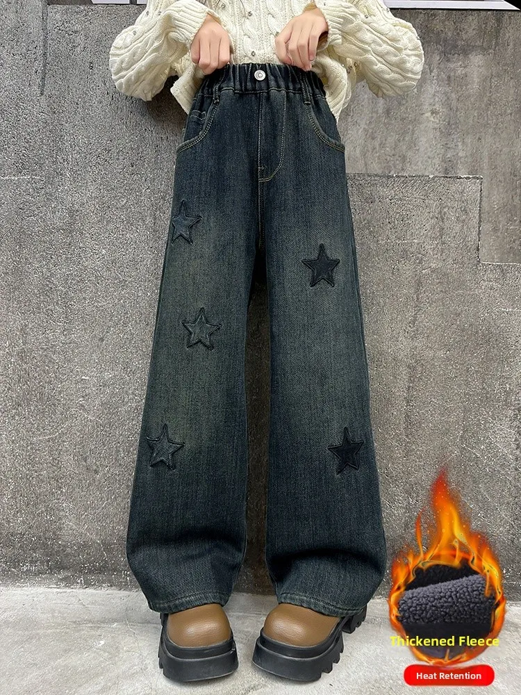 Thiened Fce Autumn Winter Denim Pants for Girls Star Pattern Wide Leg Pants Casual Sle Elastic Waist Jeans
Thiened Fce Autumn Winter Denim Pants for Girls Star Pattern Wide Leg Pants Casual Sle Elastic Waist Jeans