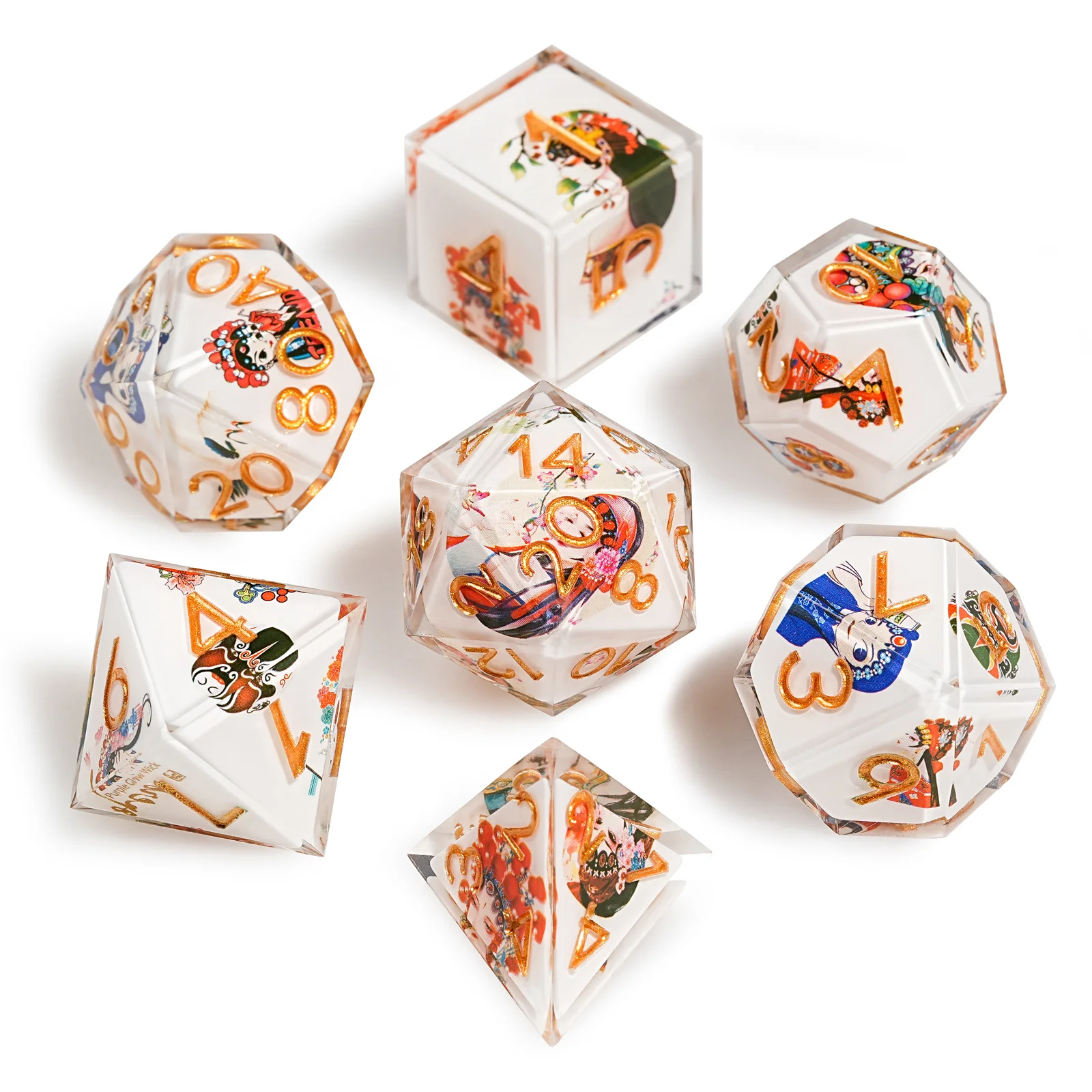 1-7Pcs White Peking Opera Gold/Purple Word Resin Dice Multi-sided Polyhedral Dice for D&D Game COC Role Playing RPG Table D6~D20 
1-7Pcs White Peking Opera Gold/Purple Word Resin Dice Multi-sided Polyhedral Dice for D&D Game COC Role Playing RPG Table D6~D20