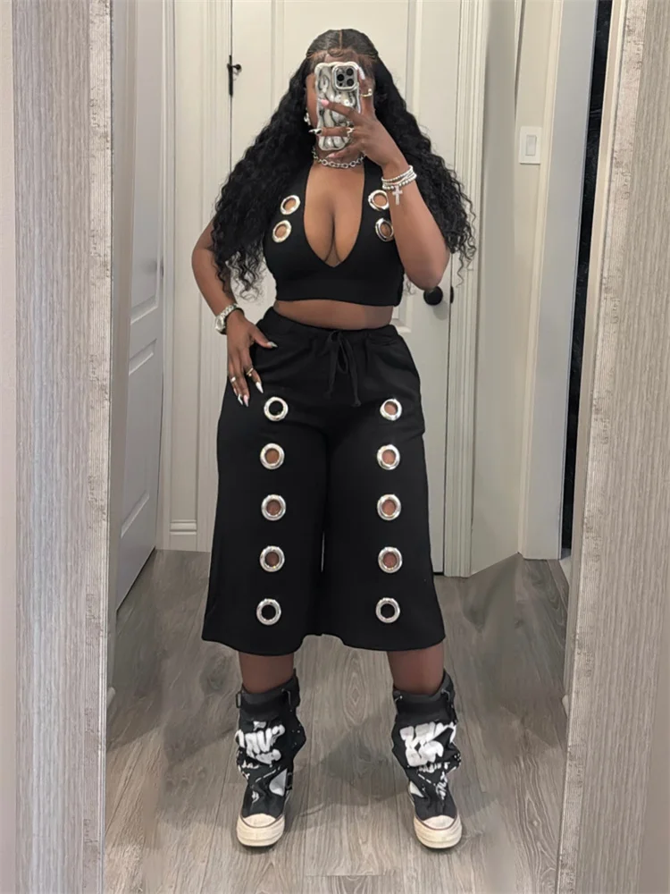Kliou Metal Rings Hollow Design 2 Piece Set Woman Halter Low-Neck Backless Tank Tops+Drawstring Crop Pant High Street Style Suit
Kliou Metal Rings Hollow Design 2 Piece Set Woman Halter Low-Neck Backless Tank Tops+Drawstring Crop Pant High Street Style Suit