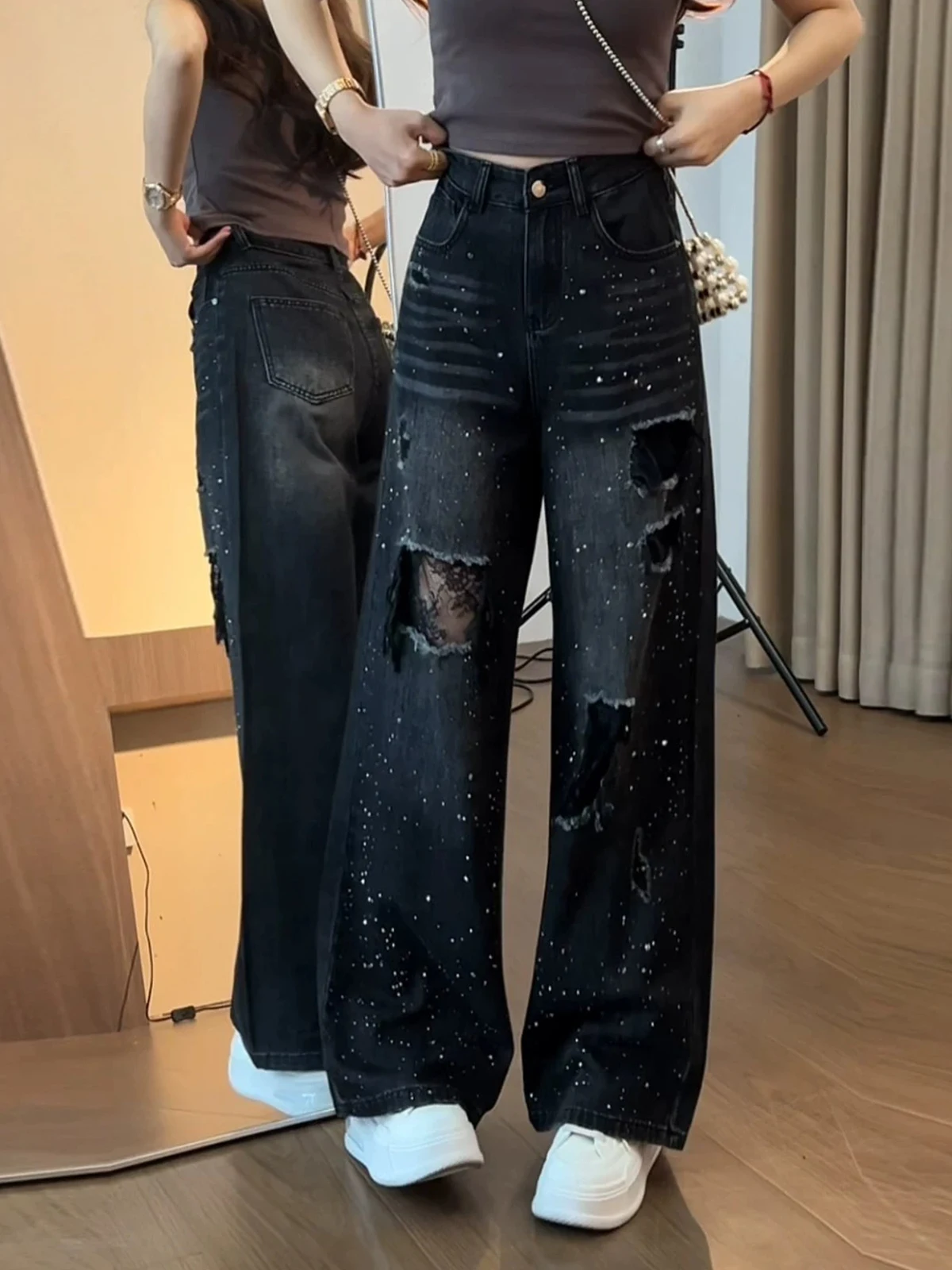 Black Grey Ripped Rhinestone Wide Leg Denim Jeans Women's Summer New Loose Slim Straight Pants High Waist Casual Style
Black Grey Ripped Rhinestone Wide Leg Denim Jeans Women's Summer New Loose Slim Straight Pants High Waist Casual Style