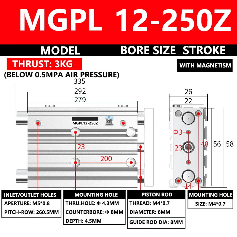 ABILKEEN MGPL Series Pneumatic Compact Guide Cylinder MGPL12-250Z 12MM Bore X 250MM Stroke Three Axis Three Rod Air Cylinder
ABILKEEN MGPL Series Pneumatic Compact Guide Cylinder MGPL12-250Z 12MM Bore X 250MM Stroke Three Axis Three Rod Air Cylinder