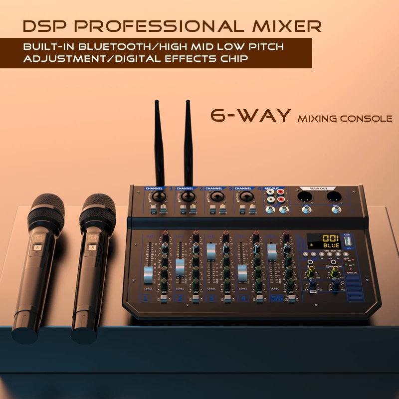6-Channel Dual Microphone DSP Reverb Audio Mixing Console, Bluetooth USB Recording/Stage Performance/Karaoke/Family Gather
6-Channel Dual Microphone DSP Reverb Audio Mixing Console, Bluetooth USB Recording/Stage Performance/Karaoke/Family Gather