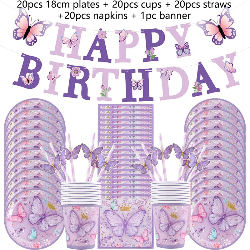 Purple Butterfly Party Supplies Disposable Tableware Set Paper Plates Cups Napkins Banner Girl Happy Birthday Baby Shower Decor
Purple Butterfly Party Supplies Disposable Tableware Set Paper Plates Cups Napkins Banner Girl Happy Birthday Baby Shower Decor