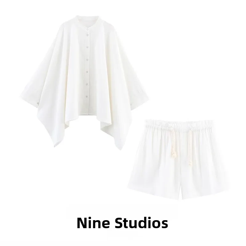 Casual Cotton Linen Blend Cape irt ort Pants Two-Piece Set Women's Faion Spring Collection Button-Closure round Ne
Casual Cotton Linen Blend Cape irt ort Pants Two-Piece Set Women's Faion Spring Collection Button-Closure round Ne