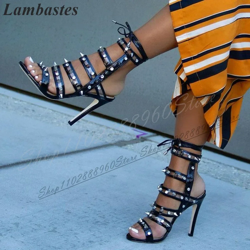 Trending Black Rivet Decor Strappy Sandals Thin High Heel Shoes For Women Lace Up Open Toe 2024 Fashionable Zapatillas Mujer
Trending Black Rivet Decor Strappy Sandals Thin High Heel Shoes For Women Lace Up Open Toe 2024 Fashionable Zapatillas Mujer