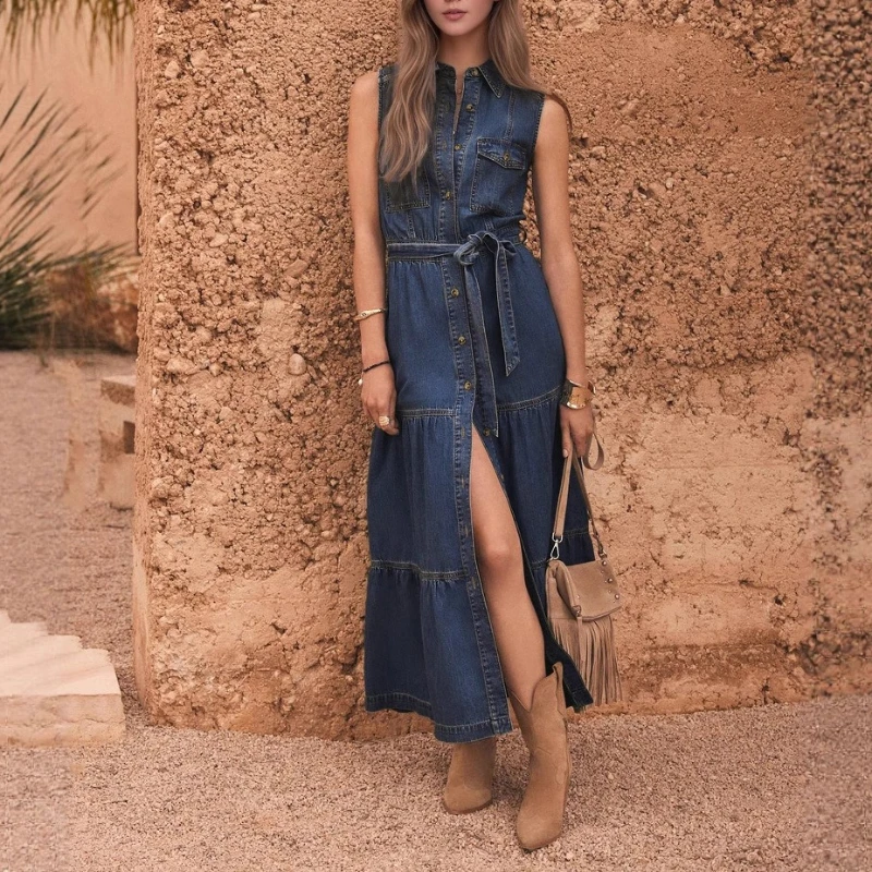 Blue Sleeveless with Waist Strap Design Imitation Denim Material Single-row Multi-buckle Long Dress
Blue Sleeveless with Waist Strap Design Imitation Denim Material Single-row Multi-buckle Long Dress
