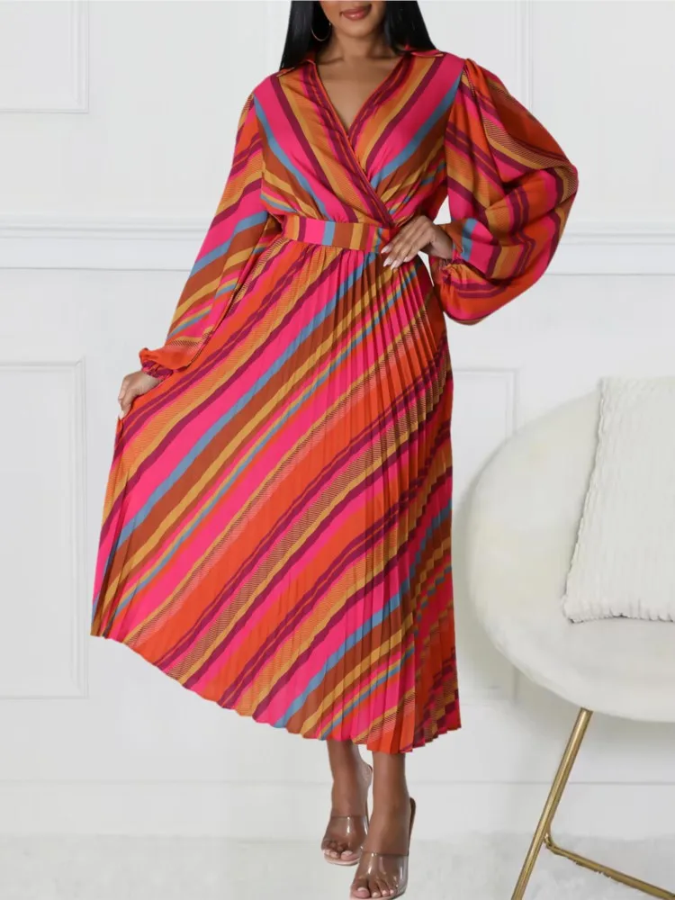 Elegant Office Dresses For Women's Striped Printed V Neck Full Sleeve High Waisted Pleated Long Dress Festival Dress Up Party
Elegant Office Dresses For Women's Striped Printed V Neck Full Sleeve High Waisted Pleated Long Dress Festival Dress Up Party