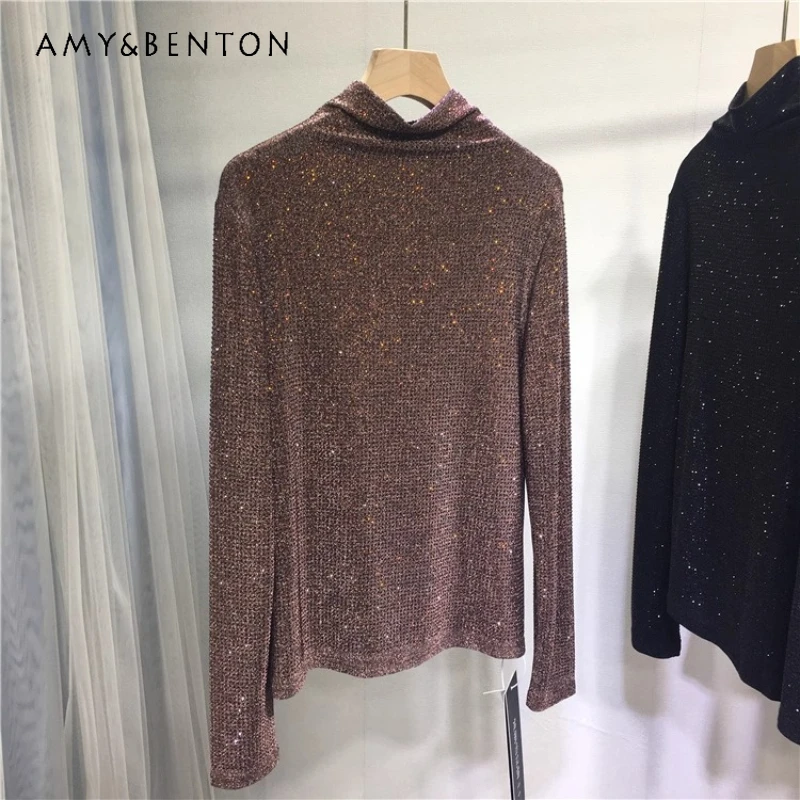 Bottoming Shirt Half High Collar Silver Thread Full Rhinestone Top Autumn Winter Versatile Shiny Outerwear Long Sleeves T-shirts
Bottoming Shirt Half High Collar Silver Thread Full Rhinestone Top Autumn Winter Versatile Shiny Outerwear Long Sleeves T-shirts