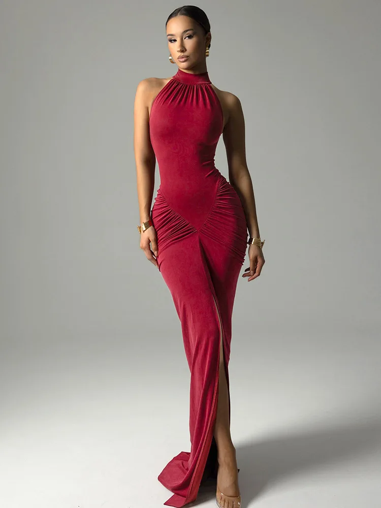 Sleeveless Halter Ruched Maxi Dress For Women Sexy Slit Solid Bodycon Dress High Street Female Evening Party Long Dress
Sleeveless Halter Ruched Maxi Dress For Women Sexy Slit Solid Bodycon Dress High Street Female Evening Party Long Dress