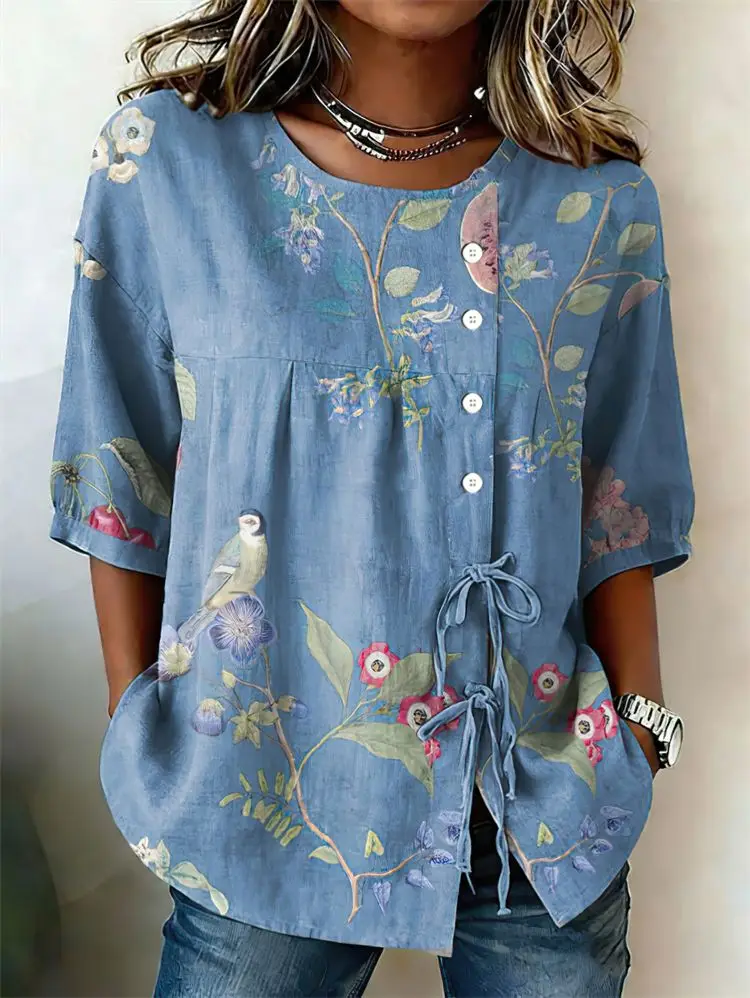 Women's Floral & Bird Print Casual Blouse, Button Tie Front Loose Top with Pockets for Spring Summer Daily Wear
Women's Floral & Bird Print Casual Blouse, Button Tie Front Loose Top with Pockets for Spring Summer Daily Wear