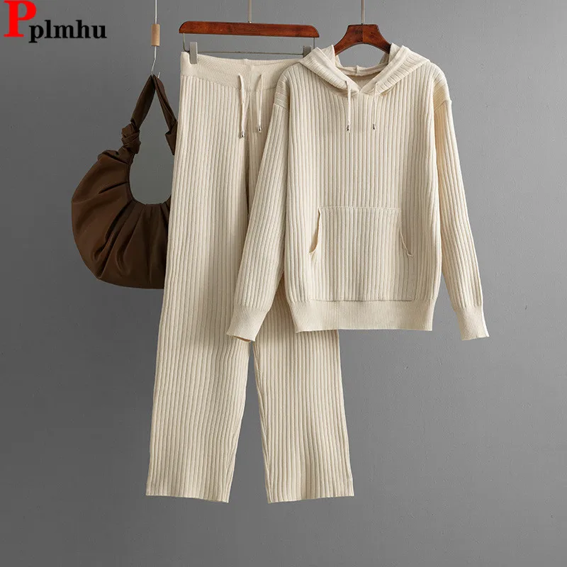 Korean Fashion Knitted 2 Piece Sets Women Hooded Knitwears Sweater Pullover Tops Conjuntos High Waist Wide Leg Pants Outfit New
Korean Fashion Knitted 2 Piece Sets Women Hooded Knitwears Sweater Pullover Tops Conjuntos High Waist Wide Leg Pants Outfit New