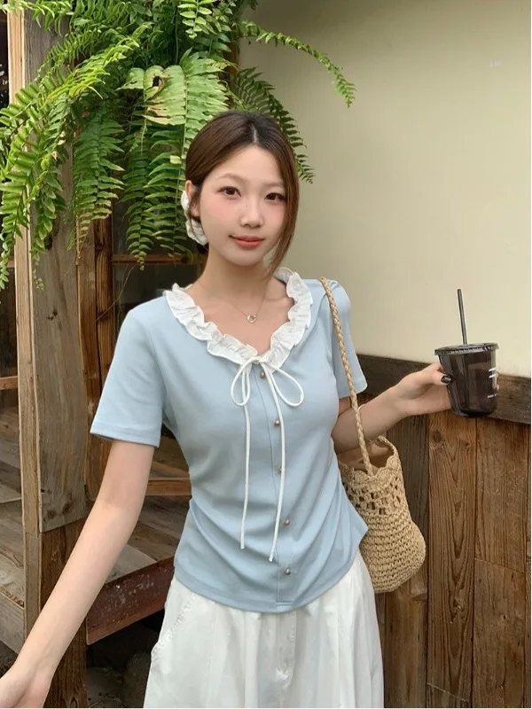 plus Size Women's Sweet Slimming Short Sleeve V-Neck T-Shirt Korean Style Casual Breathable Color Block Tie-Detail Top
plus Size Women's Sweet Slimming Short Sleeve V-Neck T-Shirt Korean Style Casual Breathable Color Block Tie-Detail Top