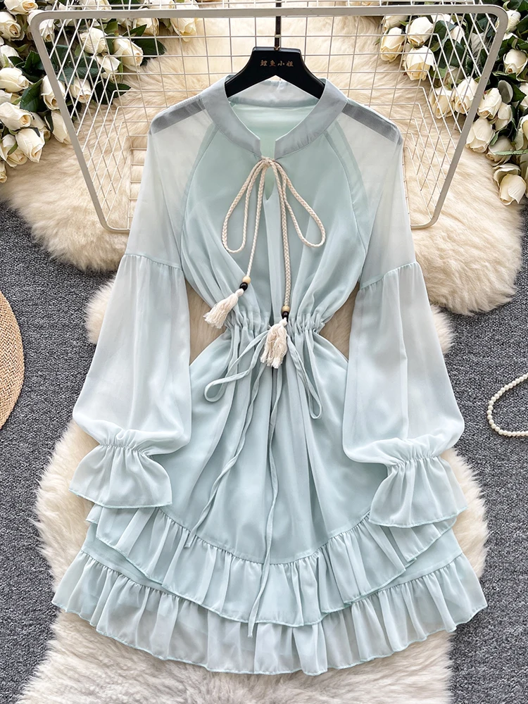 French Vacation Short Dress For Women Summer Loose Long Sleeved Tied Dresses Exquisite Waist Cinching Ruffle Edge Chiffon Frock
French Vacation Short Dress For Women Summer Loose Long Sleeved Tied Dresses Exquisite Waist Cinching Ruffle Edge Chiffon Frock
