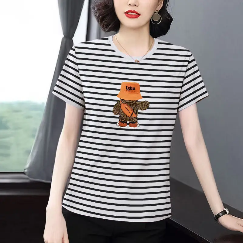 Striped Printed Short Sleeve T-Shirt Women's plus Size Loose Fit Summer New Style Mom Top Shoulder Width Regular Length
Striped Printed Short Sleeve T-Shirt Women's plus Size Loose Fit Summer New Style Mom Top Shoulder Width Regular Length