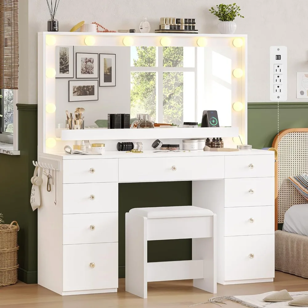 Makeup Vanity Desk with Large Lighted Mirror and 9 Drawers, Large Vanity Desk with Storage Rack, Hook, Crystal Handle, White
Makeup Vanity Desk with Large Lighted Mirror and 9 Drawers, Large Vanity Desk with Storage Rack, Hook, Crystal Handle, White