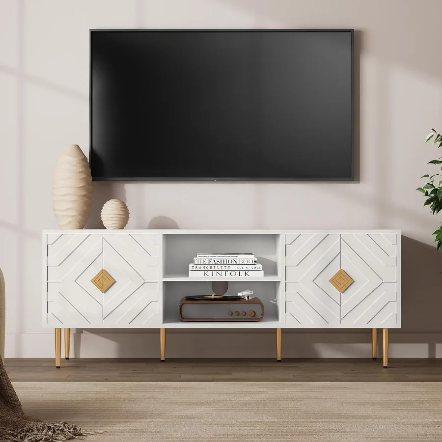 63'' White TV Stand for 65/70/75 inch TV with Storage Cabinets and Embossed Pattern Doors Mid Century Modern Media Console Tabl
63'' White TV Stand for 65/70/75 inch TV with Storage Cabinets and Embossed Pattern Doors Mid Century Modern Media Console Tabl