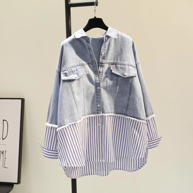 Striped Denim Patchwork Shirts High Street Long Sleeve Polo-Neck Women's Blouse Shirt Korean Fashion Female Clothing Tops p1677
Striped Denim Patchwork Shirts High Street Long Sleeve Polo-Neck Women's Blouse Shirt Korean Fashion Female Clothing Tops p1677
