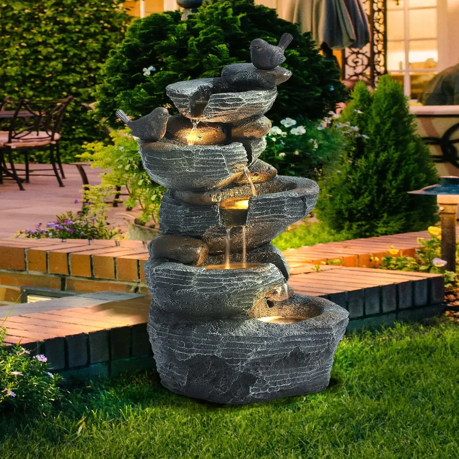 5-Tier Cascading Rock Birds Water Fountain, 26" H Outdoor Freestanding Fountain with LED Lights and Pump
5-Tier Cascading Rock Birds Water Fountain, 26" H Outdoor Freestanding Fountain with LED Lights and Pump