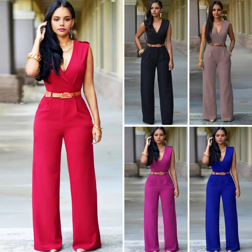 Solid Color Sleeveless Jumpsuit Elegant V-neck Sleeveless Jumpsuit with Belted Waist Wide Leg Office Party Romper Women's Casual
Solid Color Sleeveless Jumpsuit Elegant V-neck Sleeveless Jumpsuit with Belted Waist Wide Leg Office Party Romper Women's Casual