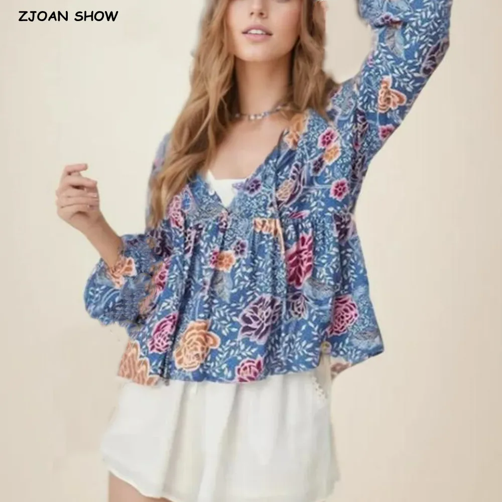 BOHO Lacing Up Bow V neck Blue Floral Print Shirt Holiday Women Long Sleeve Spliced Ruched A-lined Hem Loose Blouse Tops Beach
BOHO Lacing Up Bow V neck Blue Floral Print Shirt Holiday Women Long Sleeve Spliced Ruched A-lined Hem Loose Blouse Tops Beach