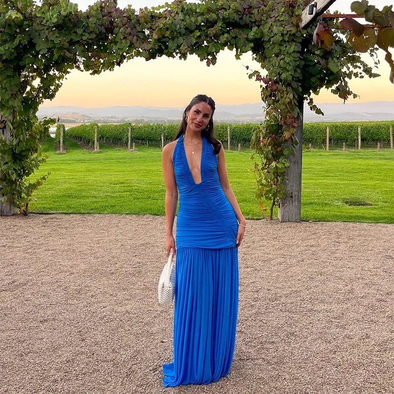 Elegant Blue Ruched Halter Dress Deep V Neck Backless Pleated Flowy Maxi Skirt Formal Wedding Guest Party Fashion Dresses
Elegant Blue Ruched Halter Dress Deep V Neck Backless Pleated Flowy Maxi Skirt Formal Wedding Guest Party Fashion Dresses