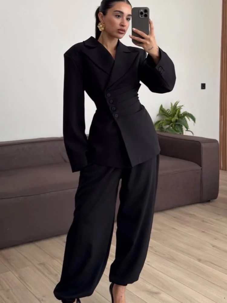 Women Solid Lapel Long Pant Suit Chic Casual Full Sleeve Button Waist Cinching Loose Wide-leg Pants Set 2026 Daily Street Wear
Women Solid Lapel Long Pant Suit Chic Casual Full Sleeve Button Waist Cinching Loose Wide-leg Pants Set 2026 Daily Street Wear