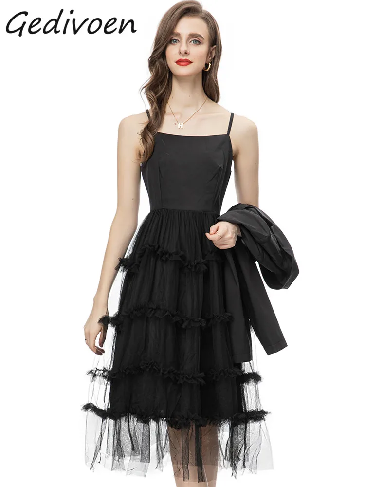 Gedivoen Autumn Fashion Runway Black Vintage Mesh Dress Women Square Collar Ruffle Slim Sling Long Dress+Short Coats 2 Piece Set
Gedivoen Autumn Fashion Runway Black Vintage Mesh Dress Women Square Collar Ruffle Slim Sling Long Dress+Short Coats 2 Piece Set