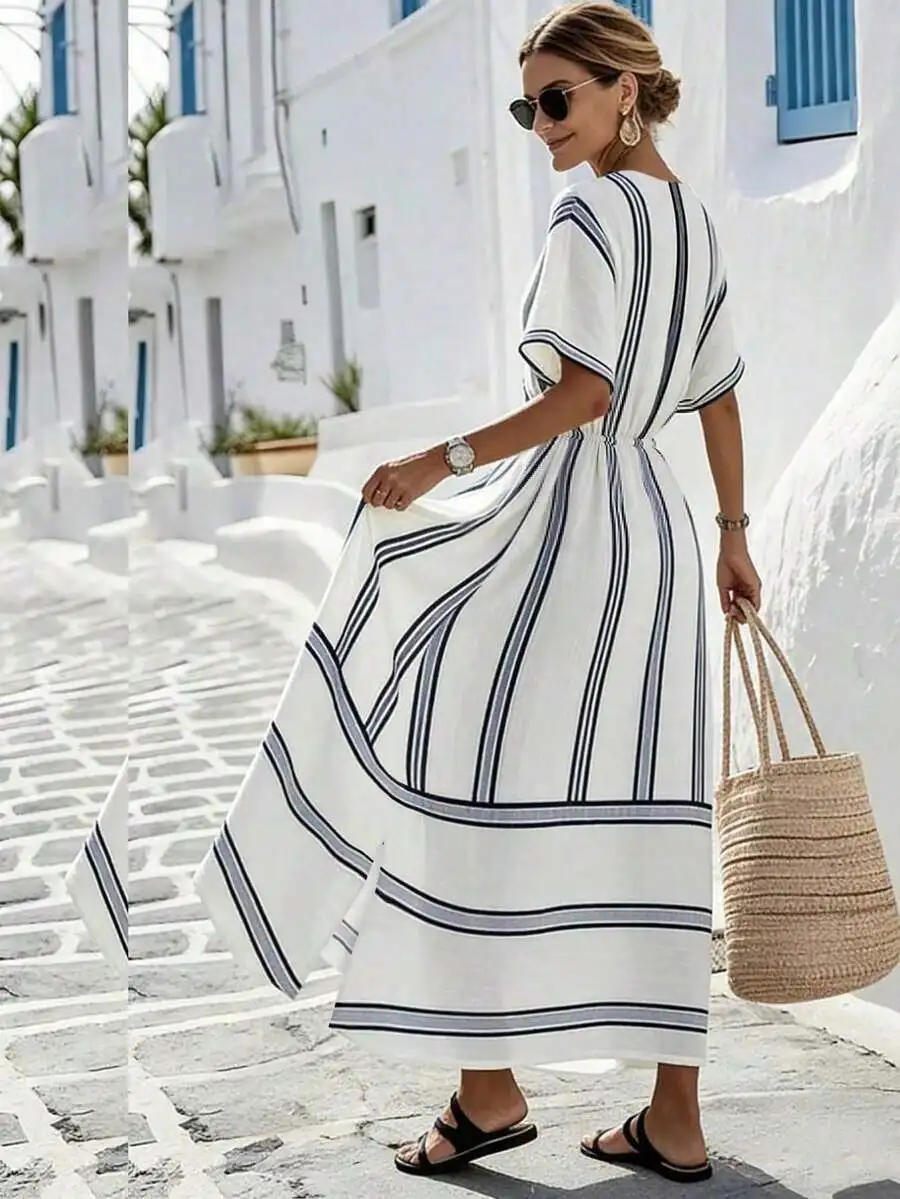 V-Neck Short Sleeve Striped Wrap Dress Women A-Line Midi Summer Casual Vacation Dress
V-Neck Short Sleeve Striped Wrap Dress Women A-Line Midi Summer Casual Vacation Dress