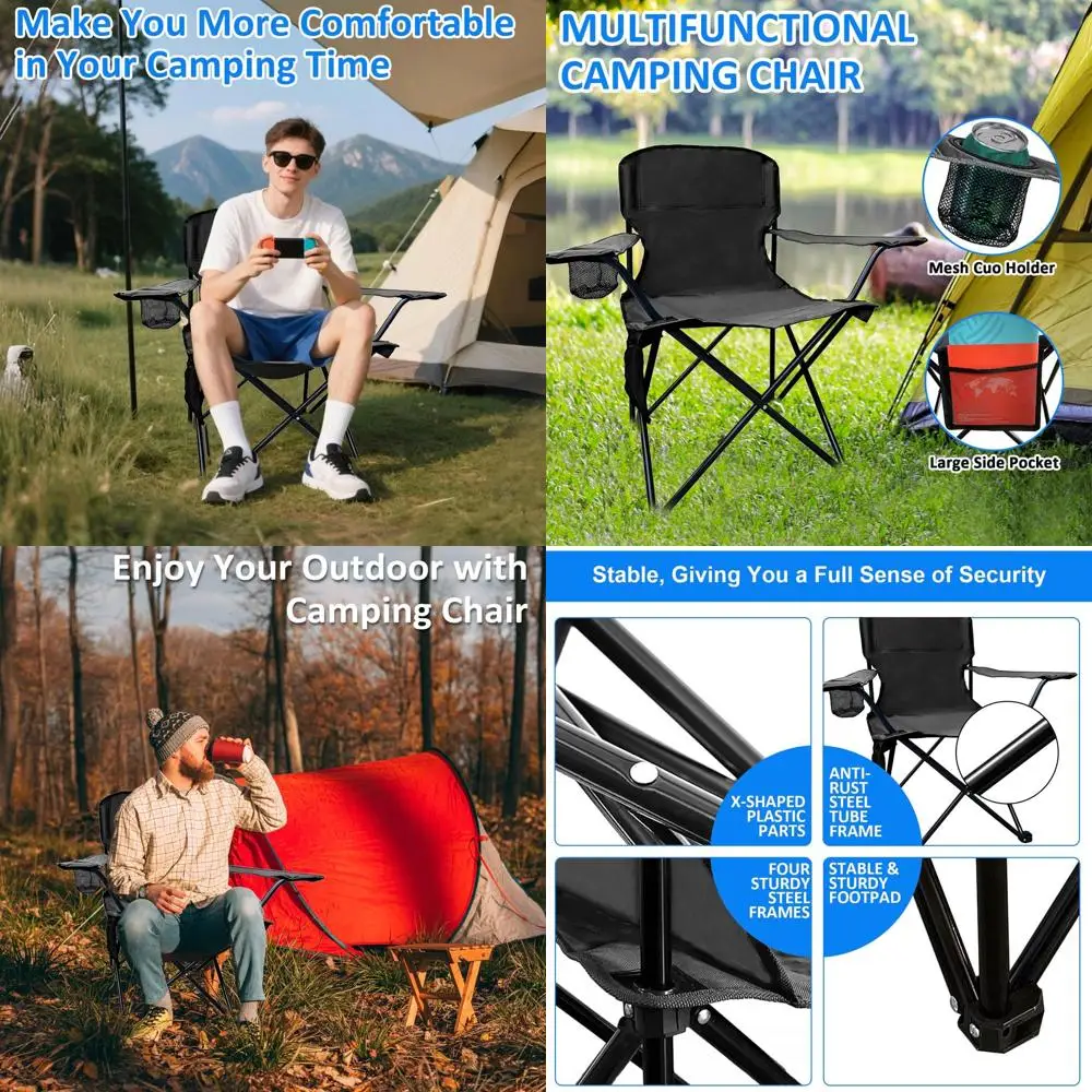 Portable 225lb Capacity Camping Chair with Cup Holder and Side Storage, 5.5lbs, Ideal for Outdoors, Beach, and Sports, Black
Portable 225lb Capacity Camping Chair with Cup Holder and Side Storage, 5.5lbs, Ideal for Outdoors, Beach, and Sports, Black