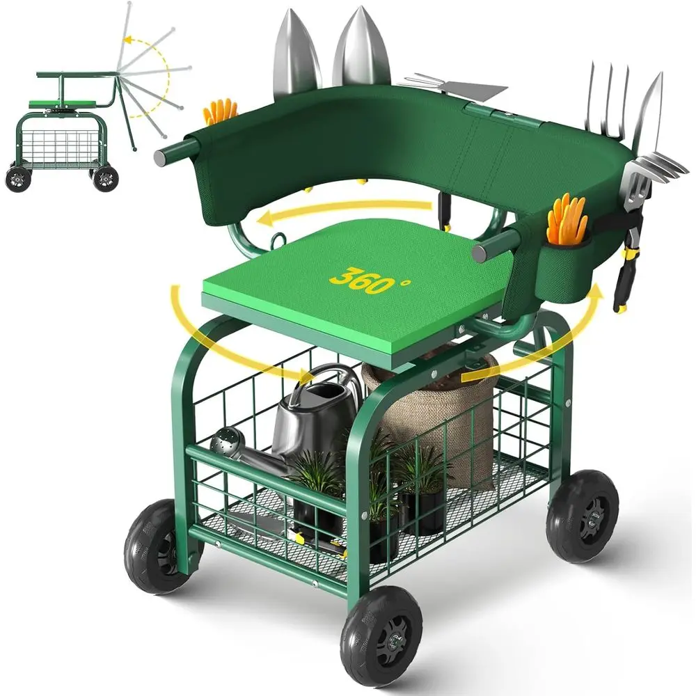 Garden Seat with Wheels, Rolling Gardening Stool with 360° Swivel Seat & Backrest,Tool Storage Basket & Back Tool Pouch, Adjusta
Garden Seat with Wheels, Rolling Gardening Stool with 360° Swivel Seat & Backrest,Tool Storage Basket & Back Tool Pouch, Adjusta
