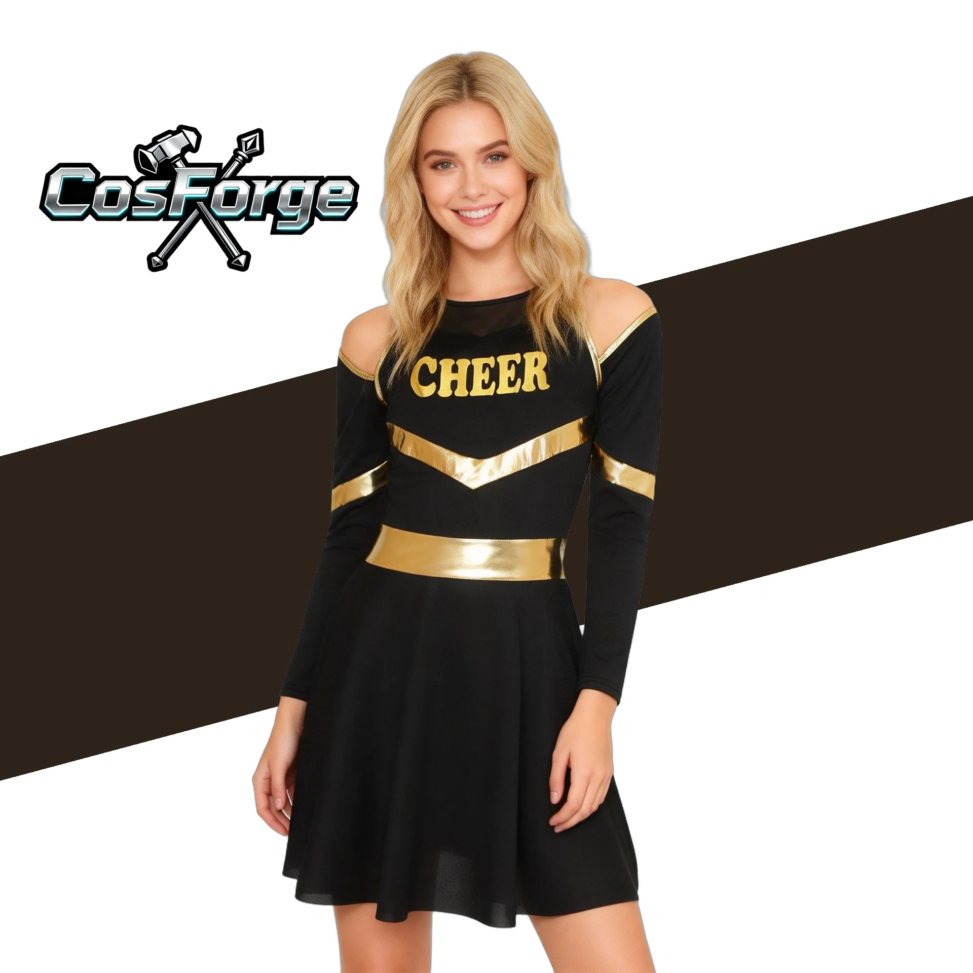 Womens Cheerleader Performance Costume Cheer Letter Print Dress with Stockings Bow Headband And Pom-poms Cheerleading Uniform
Womens Cheerleader Performance Costume Cheer Letter Print Dress with Stockings Bow Headband And Pom-poms Cheerleading Uniform