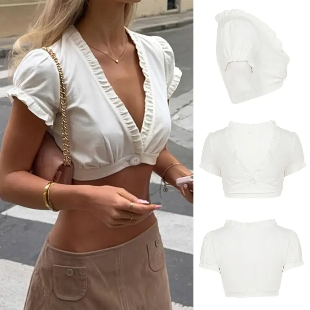 New Short Sleeve Cropped Top Deep V Neck Ruffles Edg Tank Top Button Front Solid Color Patchwork Top Summer Wear
New Short Sleeve Cropped Top Deep V Neck Ruffles Edg Tank Top Button Front Solid Color Patchwork Top Summer Wear