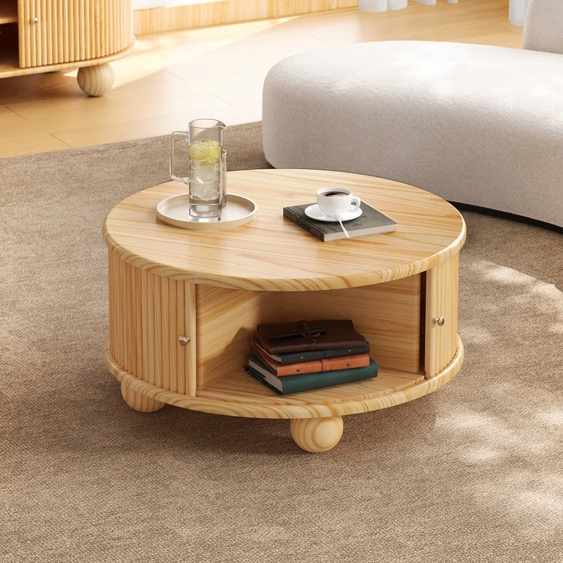 Round Fluted Coffee Table with Sliding Door, Solid Pine Wood, Natural Finish, 31.8
Round Fluted Coffee Table with Sliding Door, Solid Pine Wood, Natural Finish, 31.8