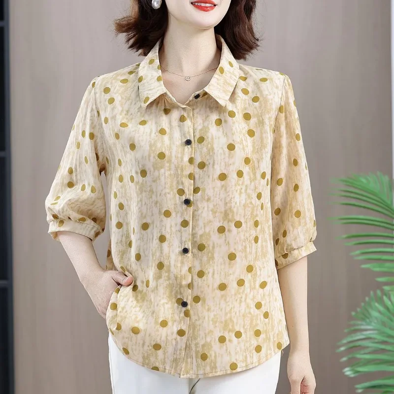 Women Polka Dot Print Blouse Turn Down Collar 3/4 Sleeve Casual Loose Mom Top
Women Polka Dot Print Blouse Turn Down Collar 3/4 Sleeve Casual Loose Mom Top