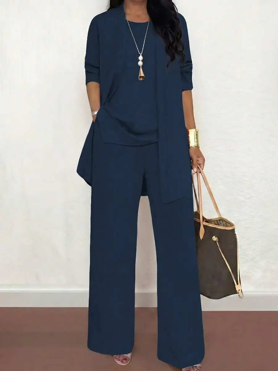 3-Piece Plus Size Women Casual Solid Color Outfit: Cardigan + Round Neck Top + Wide Leg Pants
3-Piece Plus Size Women Casual Solid Color Outfit: Cardigan + Round Neck Top + Wide Leg Pants