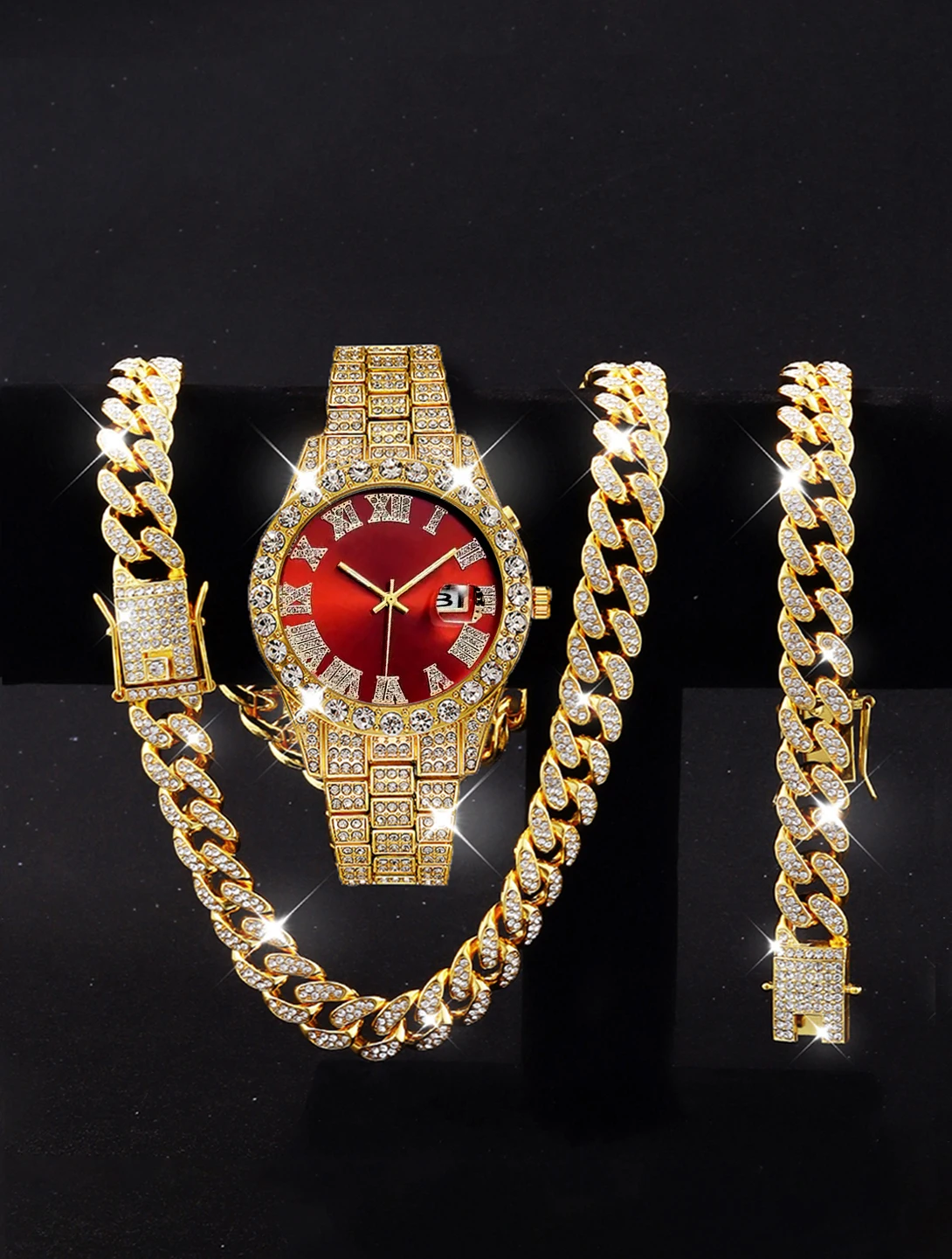 3PCS luxury alloy full diamond rhinestone mirror men's quartz watch with calendar and Hip Hop Cuban Necklace bracelet set
3PCS luxury alloy full diamond rhinestone mirror men's quartz watch with calendar and Hip Hop Cuban Necklace bracelet set