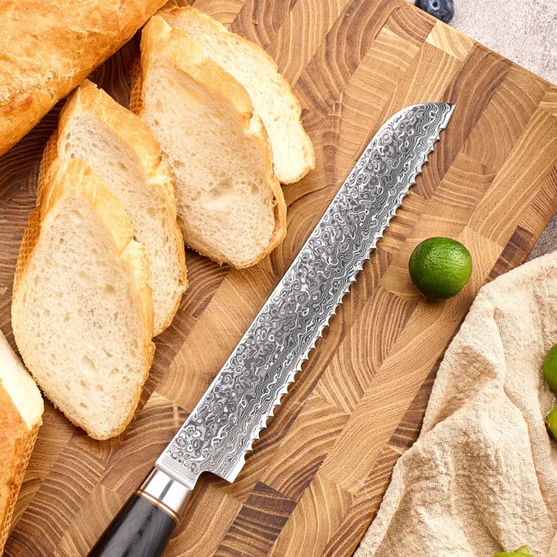8-inch serrated bread knife and cake knife 67-layer Damascus powder steel core chef bread knife
8-inch serrated bread knife and cake knife 67-layer Damascus powder steel core chef bread knife